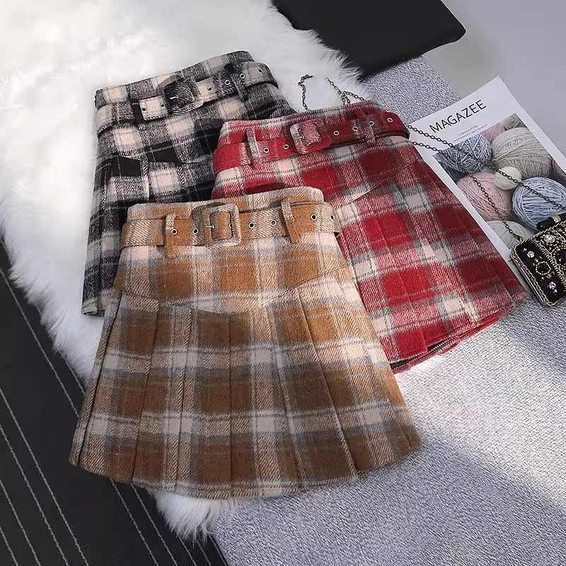 复古格子百褶毛呢半身裙2025秋冬辣妹高腰小个子休闲a字包臀短裙,女装/女士精品,半身裙,淘宝优惠券,粉丝福利购,淘宝优惠卷