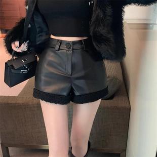休闲皮短裤 高腰小个子包臀辣妹大码 子 女2024秋冬新款 黑色PU皮短裤