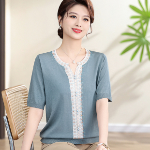 针织上衣中老年女装 V领短袖 洋气减龄蕾丝拼接T恤 妈妈夏装 2026新款