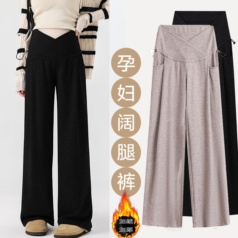 韩系孕妇交叉设计抽绳可调节加绒阔腿裤女外穿宽松休闲托腹糯米裤