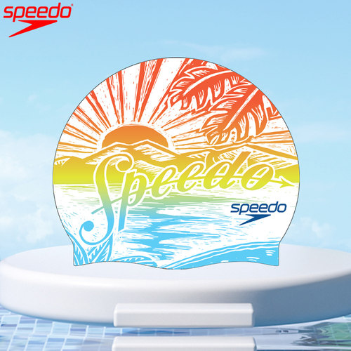 Speedo25年新款可再生印花硅胶泳帽舒适柔软不勒头护耳加大游泳帽