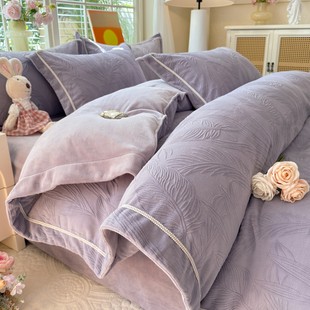 2025新款冬季加厚保暖牛奶绒四件套雕花绒双面加绒被套床单床笠4