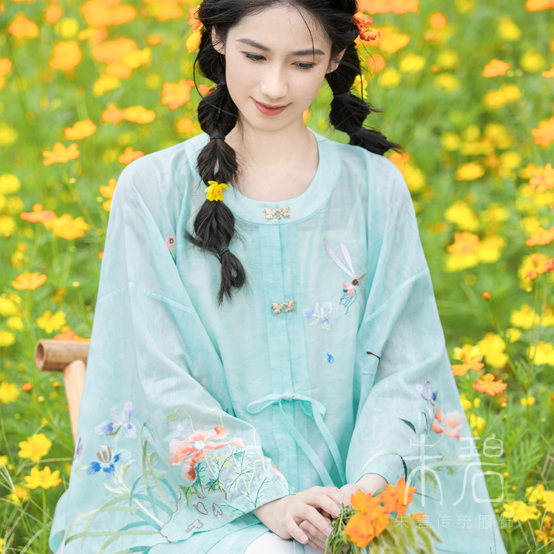 2024夏款草虫花蝶图卷明制绣花方圆领半袖衫/马面裙-- 虞美人蜻蜓