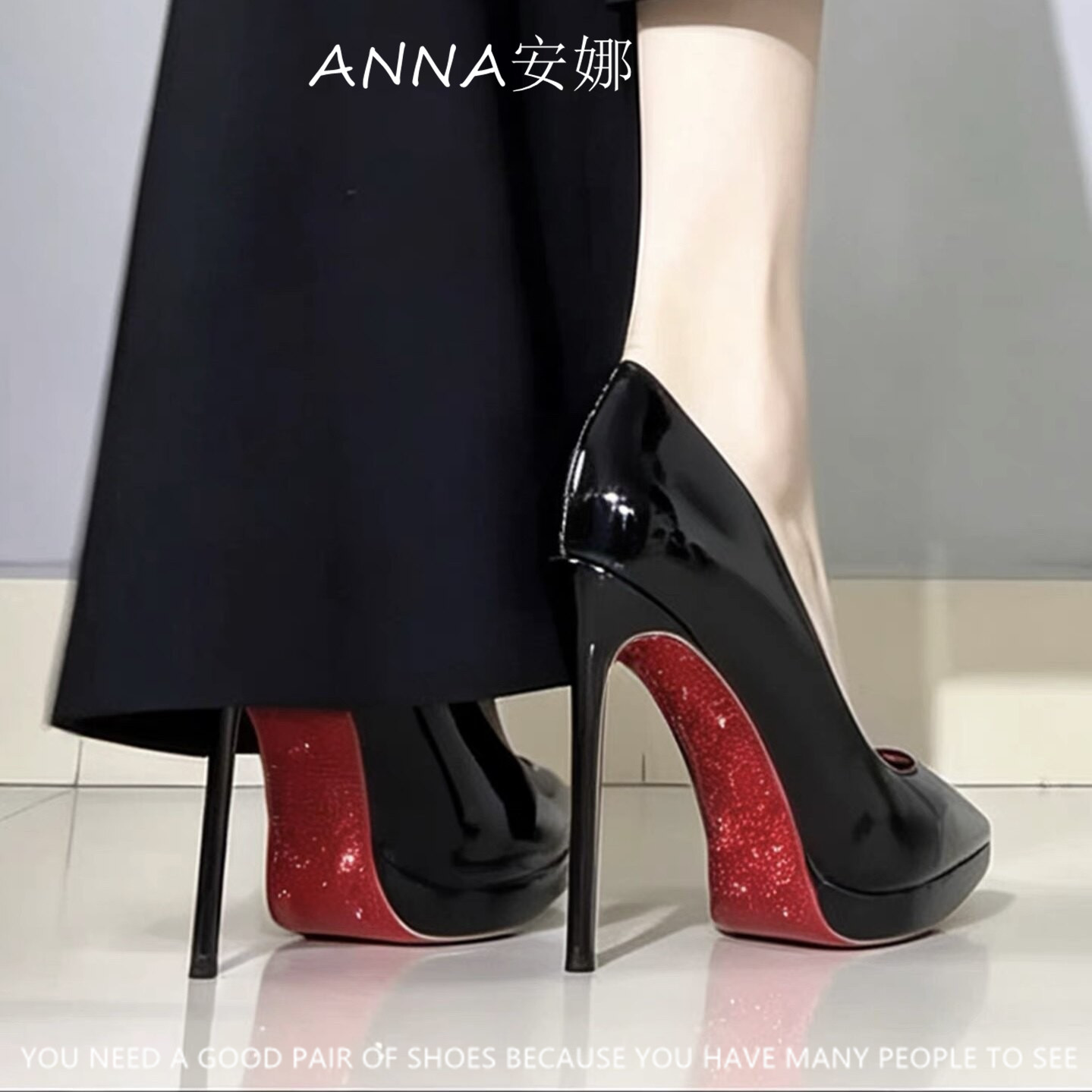 【安娜ANNA】防水台黑色高跟鞋女细跟红底水钻气质尖头不累脚单鞋