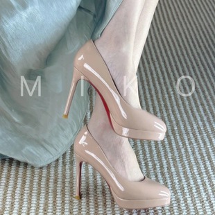 绝美性感漆皮裸色红底高跟鞋女防水台古早圆头黑色不累脚细跟单鞋