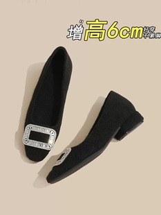 小个子内增高6公分水钻方扣绒面单鞋女加绒保暖方头粗跟玛丽珍鞋