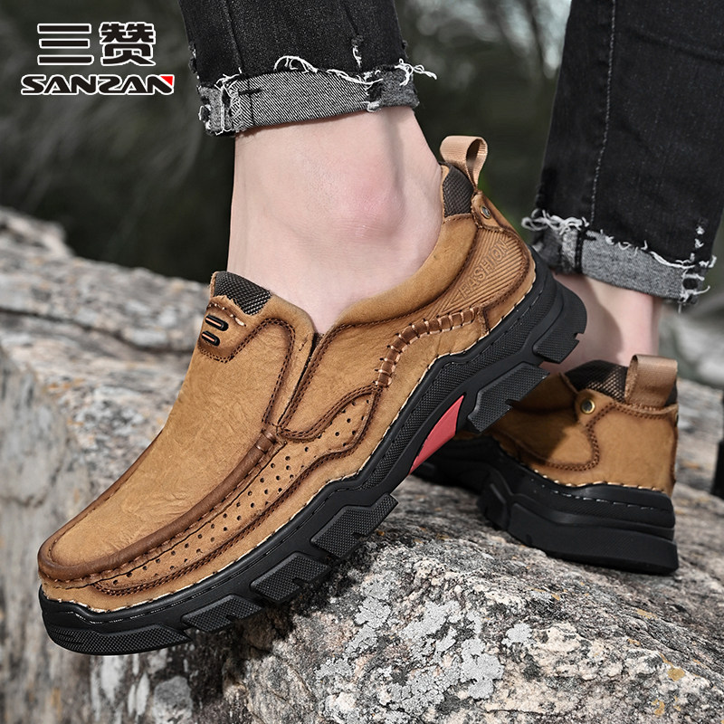 三赞男鞋真皮厚底耐磨套脚爸爸户外休闲鞋防水防滑运动登山徒步鞋