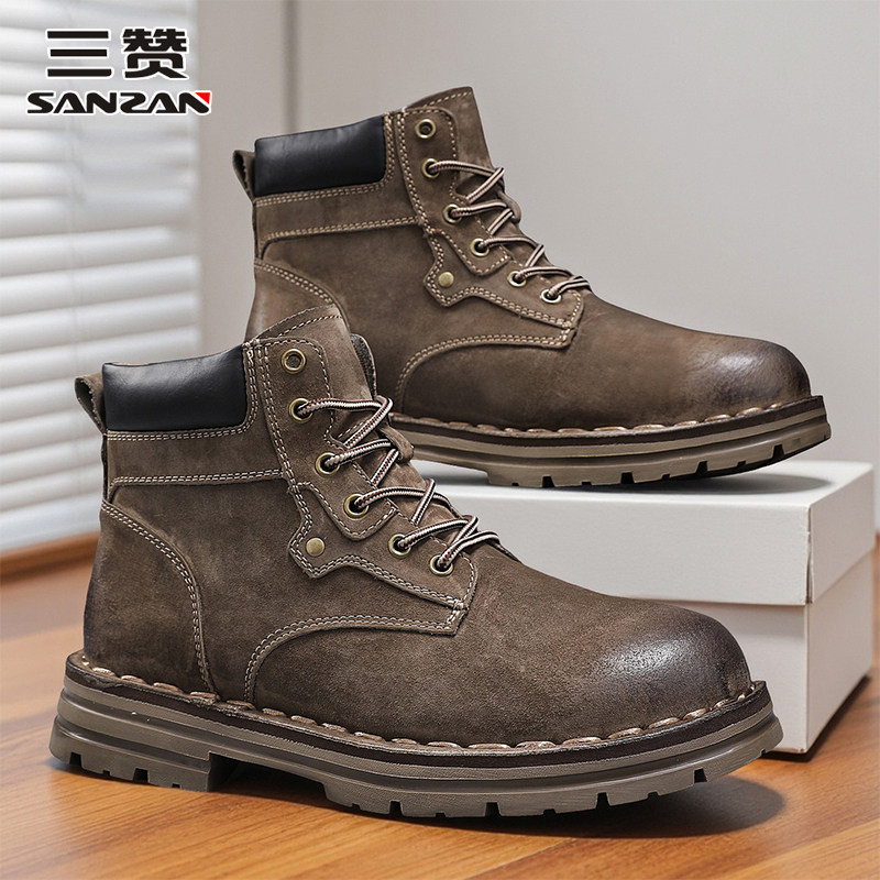 三赞工装靴男款2026新款真皮厚底耐磨防水防滑中帮马丁靴痞帅男靴
