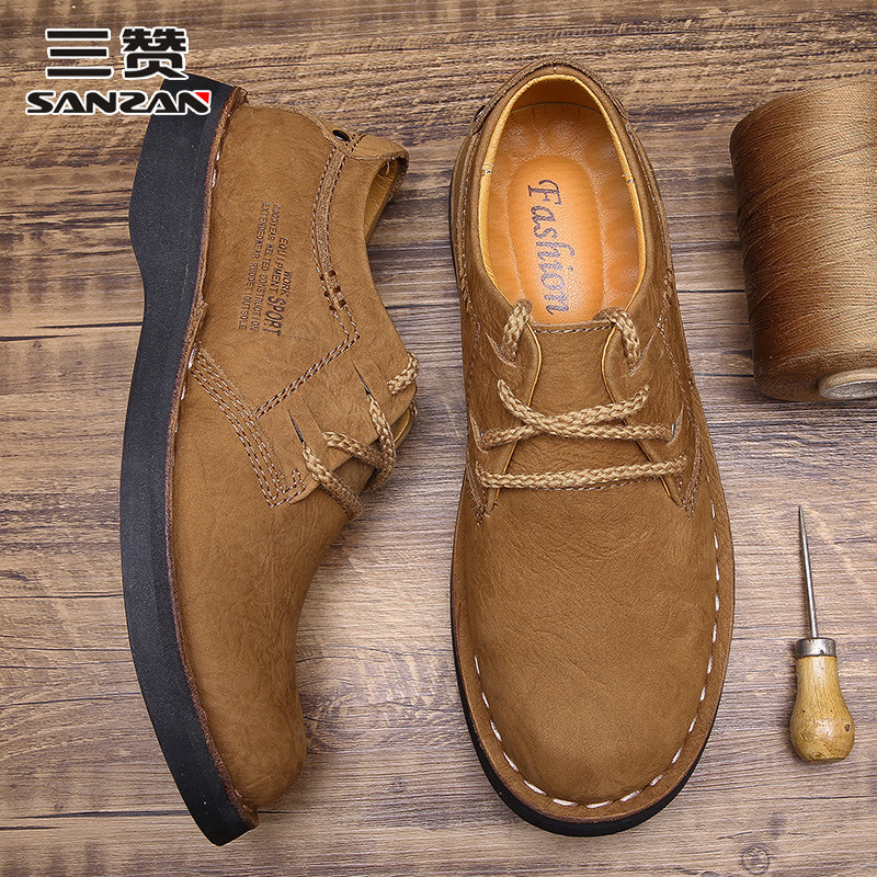 三赞工装鞋男真皮英伦风复古低帮马丁鞋男士厚底耐磨休闲大头皮鞋