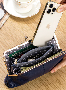 新款真皮欧美复古夹子包长款手拿包钱包简约口金收纳包大容量