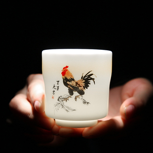 羊脂玉瓷鸡缸杯公鸡对杯水墨风格国画功夫茶杯陶瓷茶盏品茗杯小单