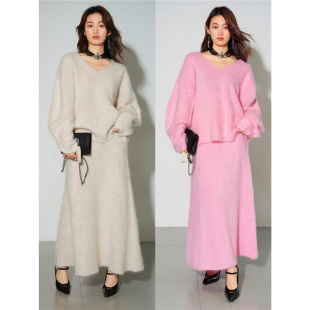 v领毛衣伞裙长裙拉毛羊绒 三色立体弧形羊腿袖 Moss烨现货 绒