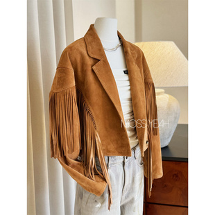 短款 流苏蝙蝠袖 皮衣夹克 驼色混种羊反绒 Moss烨