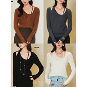 1OO山羊绒 Moss烨 绒 吊带大圆领假两件坑条羊绒毛衣四色