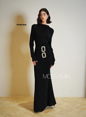 Moss烨 复古华丽烫钻 水钻腰带造型高弹鱼尾连衣裙