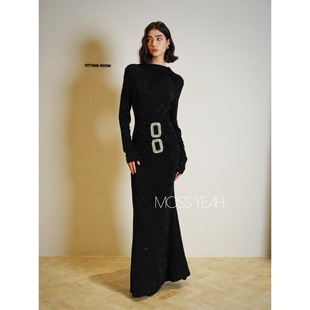 Moss烨 复古华丽烫钻 水钻腰带造型高弹鱼尾连衣裙