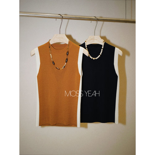 Moss烨 1OO羊毛 气质复古大色块拼接 高弹无袖背心针织衫