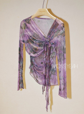 Moss烨〓设计师〓紫色晕染 盘花飘带修身斜摆喇叭袖网纱T恤