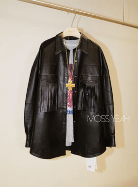 Moss烨 现货〓高端线〓柔软羊皮 流苏口袋廓形衬衫真皮皮衣外套