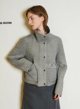 Moss烨〓设计师〓现货 灰色衍缝立领机车棉服夹克外套