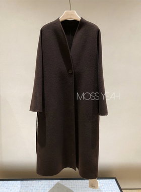 Moss烨〓设计师〓现货 深棕双面羊毛羊绒 一粒扣系带长款毛呢大衣