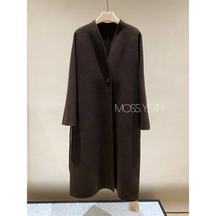 Moss烨〓设计师〓现货 深棕双面羊毛羊绒 一粒扣系带长款毛呢大衣