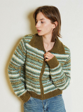 Moss烨〓设计师〓现货 羊驼毛绵羊毛 绿色圈圈纱翻领拉链毛衣