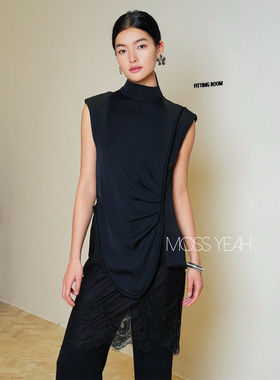 Moss烨 〓设计师〓弹力桑蚕丝 黑色不规则下摆立体包边垫肩背心