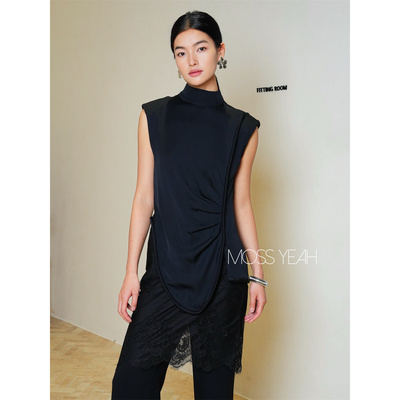 Moss烨 〓设计师〓弹力桑蚕丝 黑色不规则下摆立体包边垫肩背心