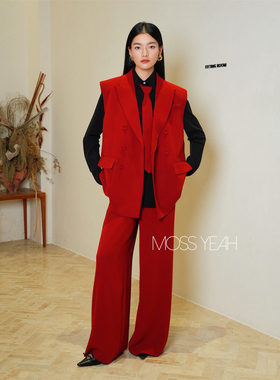Moss烨 〓设计师〓红色三醋酸 双排扣马甲阔腿裤黑衬衫领带套装