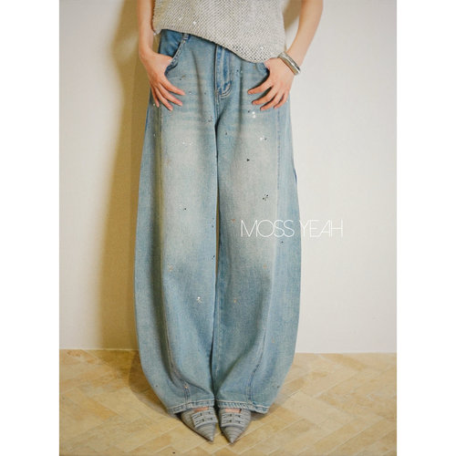 Moss烨 烫银亮片 做旧浅蓝微弧弯刀牛仔裤