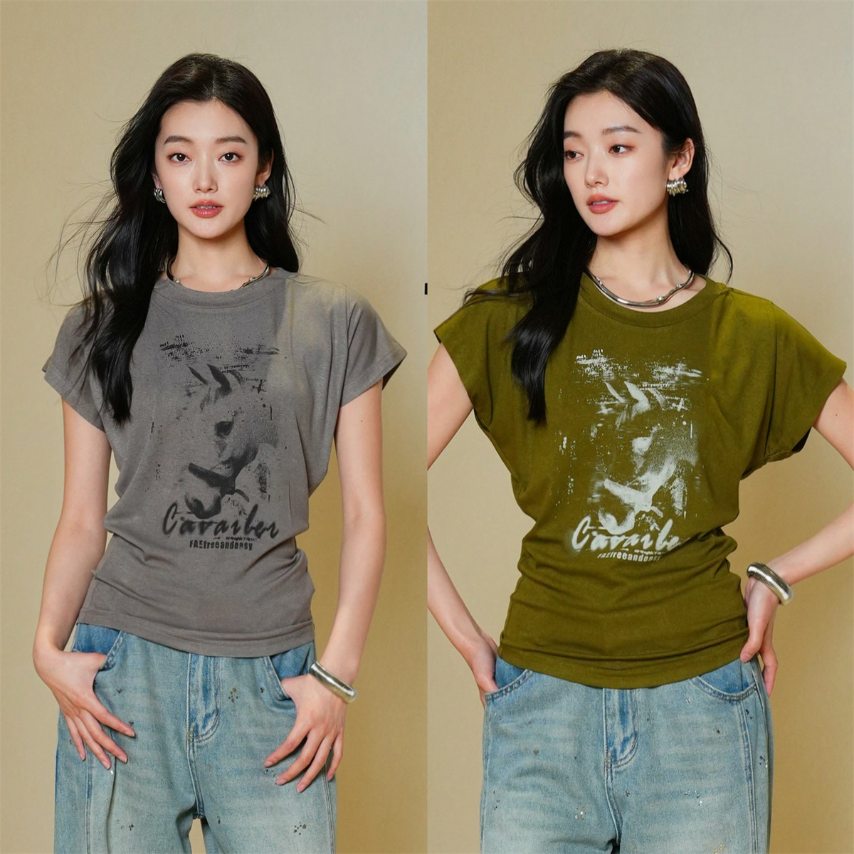 Moss烨 现货〓设计师〓醋酸羊毛 印花抽褶蝙蝠袖 短袖T恤三色