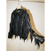 流苏皮衣夹克外套 个性 Moss烨 黑色植鞣羊皮