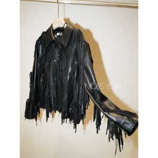 流苏皮衣夹克外套 个性 Moss烨 黑色植鞣羊皮