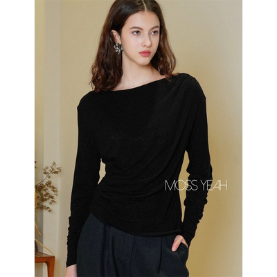 Moss烨〓设计师〓黑色大圆领不对称抽褶羊毛混纺长袖打底衫
