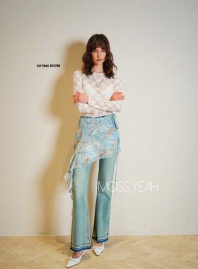 Moss烨 〓设计师〓可拆卸系带印花围裙 浅蓝高弹微喇牛仔裤c