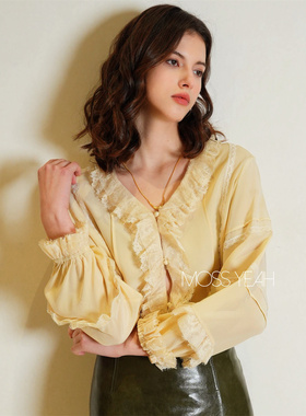 Moss烨〓设计师〓复古宫廷风 蕾丝拼接灯笼袖V领真丝衬衫