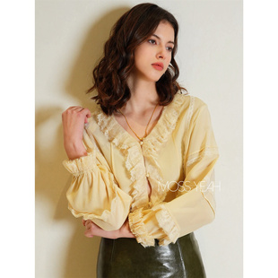Moss烨〓设计师〓复古宫廷风 蕾丝拼接灯笼袖V领真丝衬衫