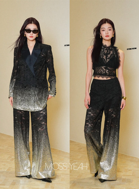 Moss烨 现货〓设计师〓黑色渐变烫金蕾丝 双排扣西装阔腿裤套装