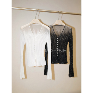 坑条V领高弹冰丝针织衫 Moss烨 喇叭袖 渐变水钻亮丝 设计师