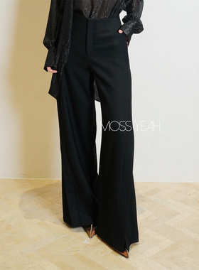 Moss烨 现货〓设计师〓黑色开叉错落腰羊毛混纺阔腿裤