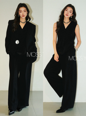 Moss烨现货〓设计师金属扣黑色简约V领西装/扭转马甲/阔腿裤套装