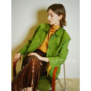 Moss烨 现货〓定制〓意产反绒羊皮 复古苔藓绿圆领包扣皮衣外套