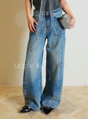 Moss烨 〓设计师〓做旧水洗浅蓝 立体钉珠 弹力加绒弯刀牛仔裤