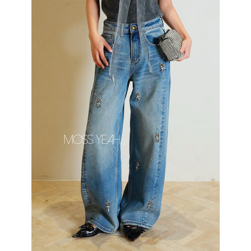 Moss烨 〓设计师〓做旧水洗浅蓝 立体钉珠 弹力加绒弯刀牛仔裤