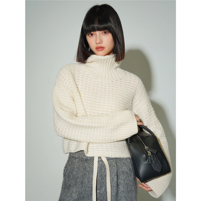 高领简约山羊绒编织镂空毛衣