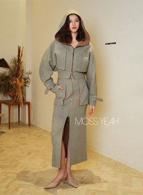 Moss烨〓设计师〓双面双色羊毛 高腰蝙蝠袖连帽夹克/开叉拉链长裙