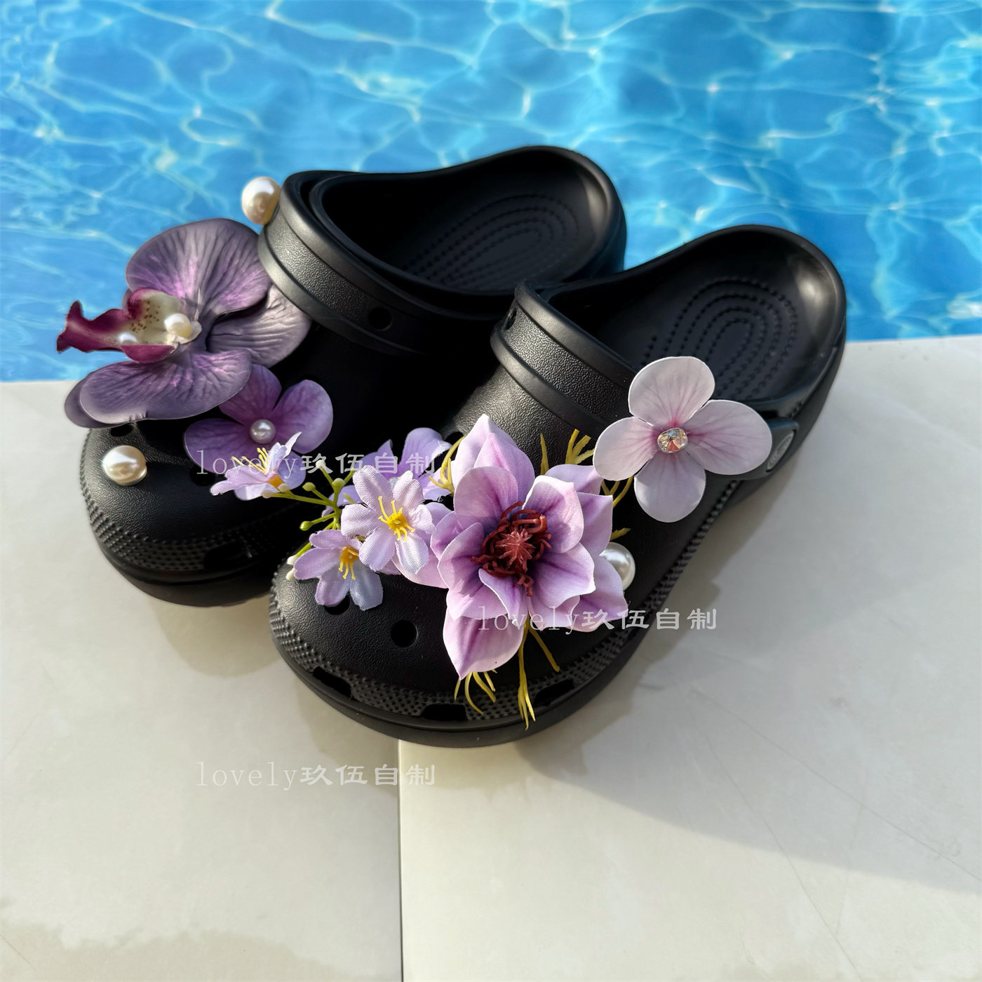 适配crocs洞洞鞋花卡洛驰紫色仿真花朵花束花枝高级感蝴蝶兰鞋扣