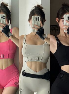 裸感欧美高腰短裤工装辣妹紧身瑜伽速干套装健身网红跑步运动套装