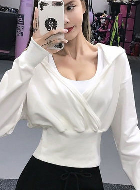收腰连帽瑜伽服长袖女短款运动外套高弹大V领健身宽松休闲上衣秋